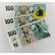 Varianta tří kusů 100 Kč bankovek vzor 1997, 2018 bez přítisku, 2018 pamětním přítiskem k sto letům měny (ČNB 1997-2019) 3S05