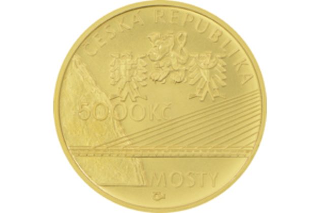 Zlatá mince 5.000 Kč Mosty ČNB - Mariánský most v Ústí nad Labem provedení proof (ČNB 2015)