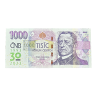 1000 Kč vzor 2008 s přítiskem 30. výročí ČNB a české měny R63 000480 (ČNB 2023)  
