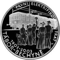 Stříbrná mince 200 Kč - 100. výročí první elektrifikované trati z Tábora do Bechyně - František Křižík provedení standard (ČNB 2003)