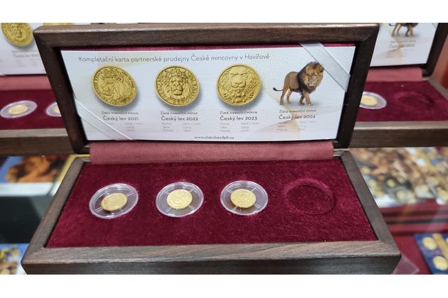 Sada 3ks zlatých investičních mincí 1/25 oz Český lev standard (ČM 2021, 2022, 2023)