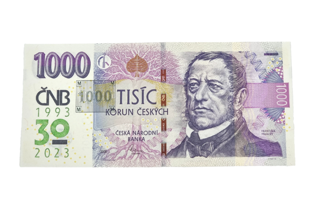  1000 Kč vzor 2008 s přítiskem 30. výročí ČNB a české měny R63 000499 (ČNB 2023)