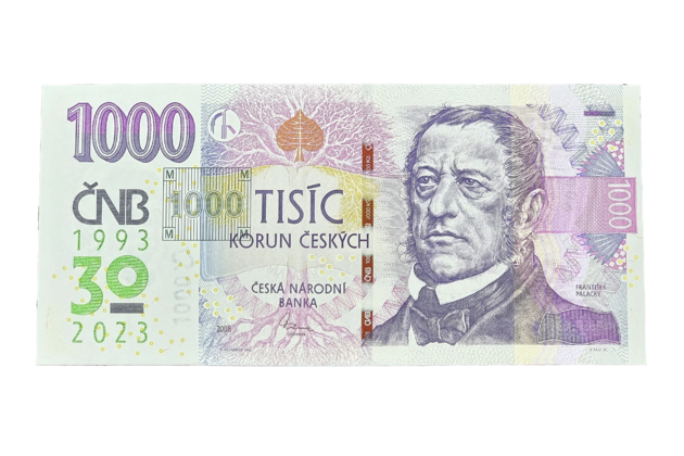  1000 Kč vzor 2008 s přítiskem 30. výročí ČNB a české měny R70 002372 (ČNB 2023) 
