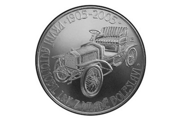 Stříbrná mince 200 Kč - 100. výročí zahájení výroby prvního automobilu v Mladé Boleslavi provedení standard (ČNB 2005)