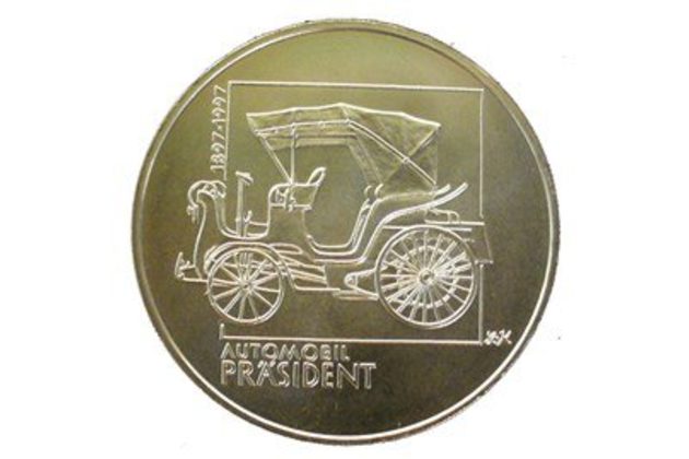 Stříbrná mince 200 Kč - 100. výročí výroby prvního osobního automobilu ve střední Evropě Präsident standard (ČNB 1997)