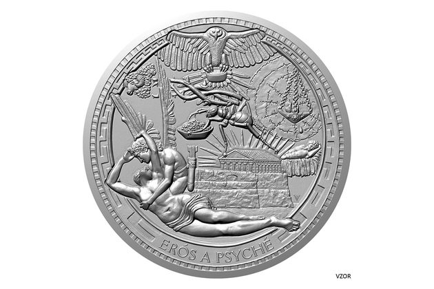 Stříbrná mince Staré řecké báje a pověsti - Erós a Psyché  vysoký reliéf standard (ČM 2024)