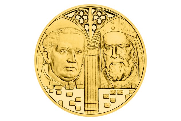 Zlatá dvouuncová mince Karel IV. a Arnošt z Pardubic proof (ČM 2025)