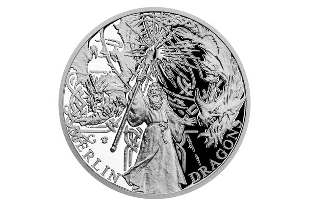 Stříbrná mince Legenda o králi Artušovi - Merlin a draci proof (ČM 2021) 