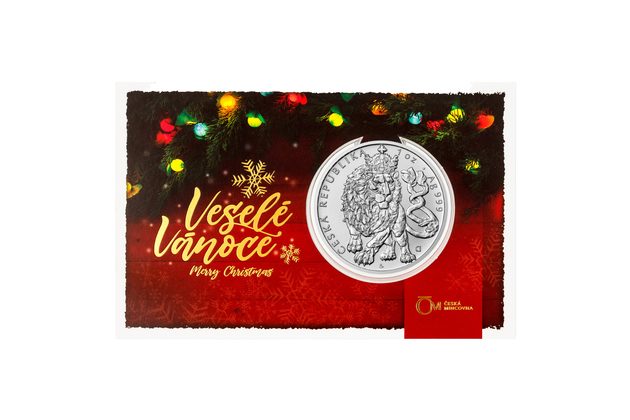 Stříbrná 1oz investiční mince Český lev v blistru - Vánoce červené (ČM 2026)