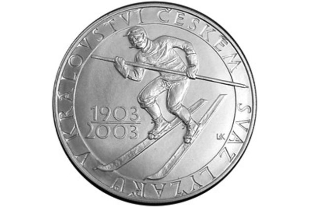 Stříbrná mince 200 Kč - 100. výročí ustanovení Svazu lyžařů v Království českém provedení standard (ČNB 2003)