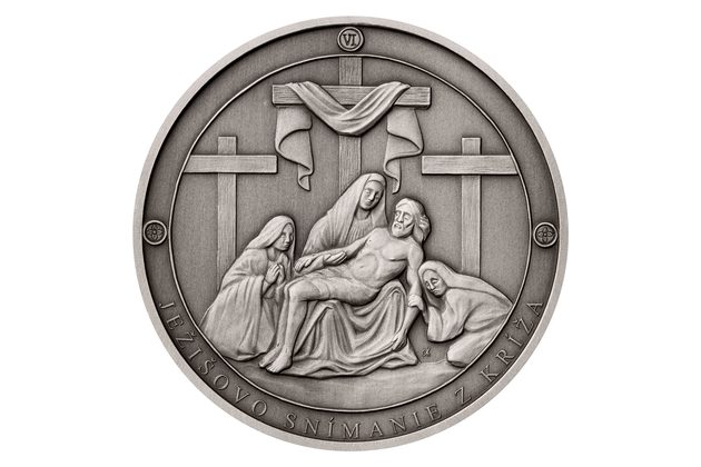 Stříbrná medaile Panna Marie Sedmibolestná -  Ježíšovo snímání z kříže SK standard/patina (ČM 2023)  