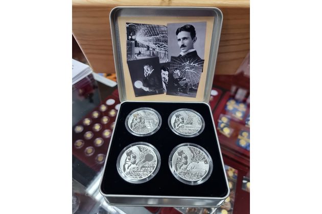 Sada čtyř stříbrných mincí Nikola Tesla proof (ČM 2023)