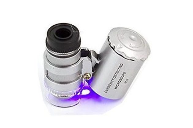 Kapesní mikroskop s osvětlením, 60x zvětšení, UV, napájení 3x AG10